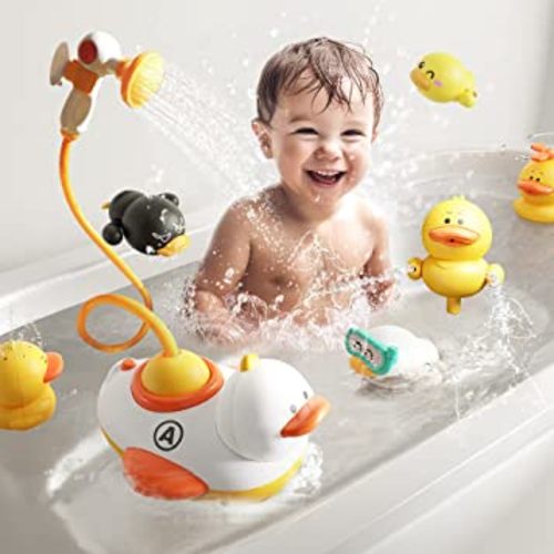 iPlay, iLearn Duck Bath Toys for Toddlers 1-3, Baby Electric Bathtub Water Spray Toy, Infant Fun Bathtime W/ 4 Shower Head Wind up Swim Duck, Babies Pool Gift 12 18 Month 1 2 3 4 Year Old Kid Boy Girl