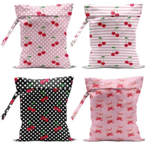 4 Pack Cute Polka Striped Cherry Bow Wet Bag Waterproof Washable Reusable Wet Dry Bag for Swimsuit Dirty Clothes Bathing Cloth Diaper Travel Beach Pool Yoga Gym Toiletries Travel Beach Essentials