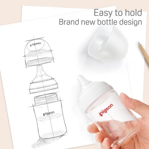 Pigeon Glass Nursing Bottle Wide Neck, Nurture & Nest, Anti-Colic, Streamlined Body, Natural Feel, Easy to Clean, Heat-Resistant, 5.4 Oz (Pack of 3), Includes 3pcs Stage 1 Nipples (0m+)