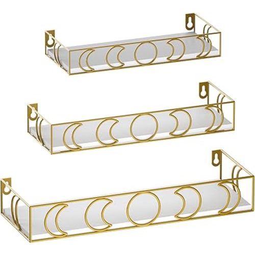 Moon Phase Wall Shelves White Gold, 3 Pack Small Floating Book Plant Shelves for Bedroom Kid Room, Decorative Storage Display Shelf for Crystal Figurine Collectibles