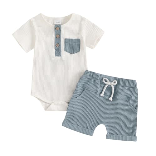 fhutpw Baby Boy Clothes Short Sleeve Romper & Shorts Sets Newborn 3 6 12 Months Summer Knitted Ribbed Splicing Color Outfits