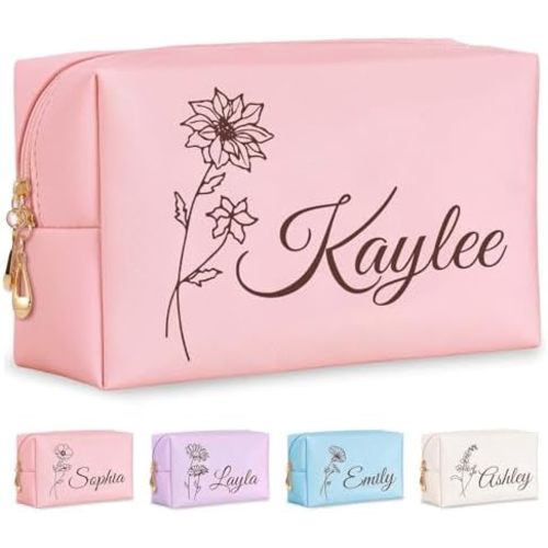 Personalized Makeup Bag with Name & Birth Flower, Custom Leather Cosmetic Bags for Women, Customized Travel Toiletry Bag Gifts for Bridesmaid Wedding