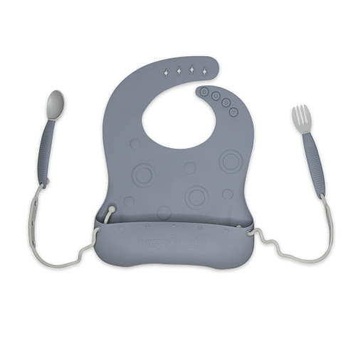 Busy Baby Silicone Toddler and Baby Bib with Food Catcher, Utensils and Utensil Straps, Unisex, Pewter