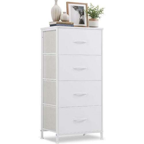 Cómoda de 4 cajones para dormitorio, organizador de torre de almacenamiento de tela con parte superior de madera y marco de acero, cómoda alta para armario, entrada, dormitorio, blanco marfil