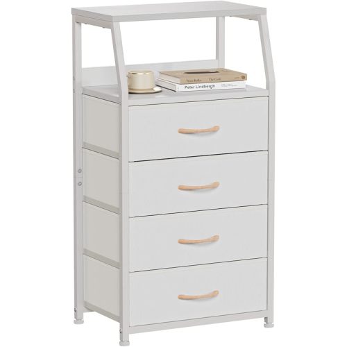 Furnulem Tall 4 Drawers Dresser, Vertical Storage Tower for Bedroom, Hallway, Entryway, Nursery, Closet Organizer, Nightstand Bedside Table Furniture, Sturdy Steel Frame, Wood Top, White