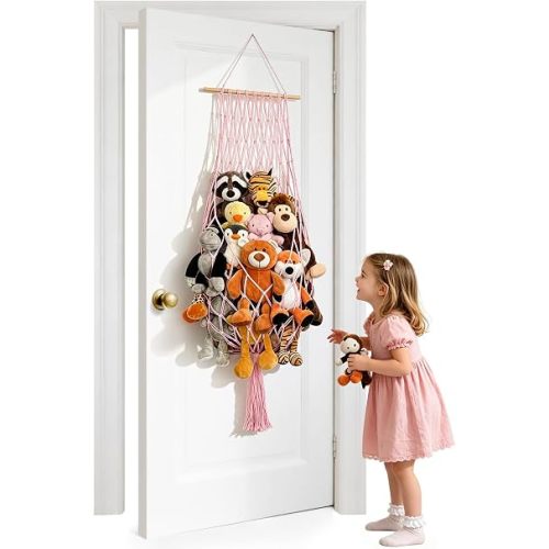 CERETIA Stuffed Animals Storage Net Corner Plushie Toy Hammock, Pink