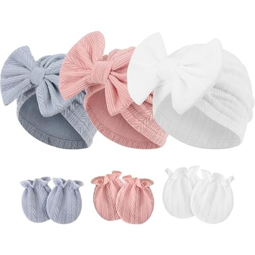 Newborn Baby Hats and Mittens Set Infant Bow Beanie Cap Toddler Gloves Newborn Hospital Hats for Baby Boy Girl 0-12 Months