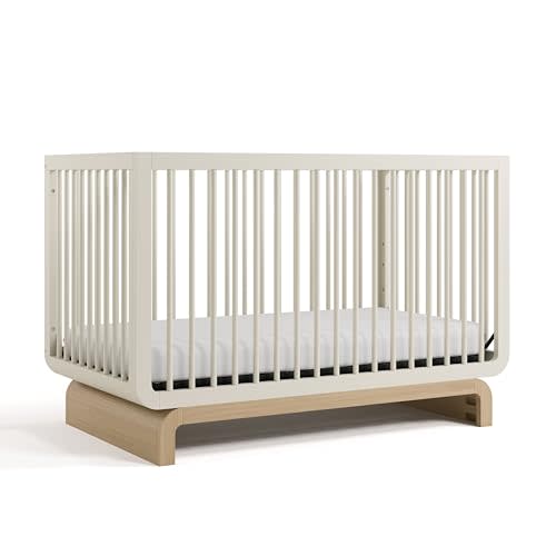 Storkcraft Santorini Convertible Crib with Toddler Guardrail (Frosted Oat & Driftwood) – GREENGUARD Gold Certified, Toddler Bed Conversion Kit Included, 100% Solid Wood, Fits Standard Crib Mattress