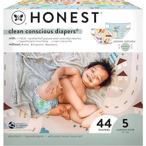 The Honest Company Clean Conscious Diapers for Sensitive Skin | Hypoallergenic, Fragrance Free | Spring '25 Limited Edition Prints | Club Box, Size 5 (27+ lbs), 44 Count