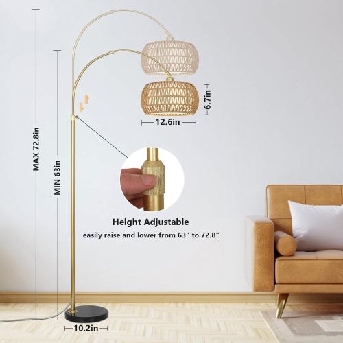 Gold Floor Lamps for Living Room,Arc Floor Lamp with Remote & Dimmable Bulb, Boho Rattan Standing lamp with 3 Color Temperatures