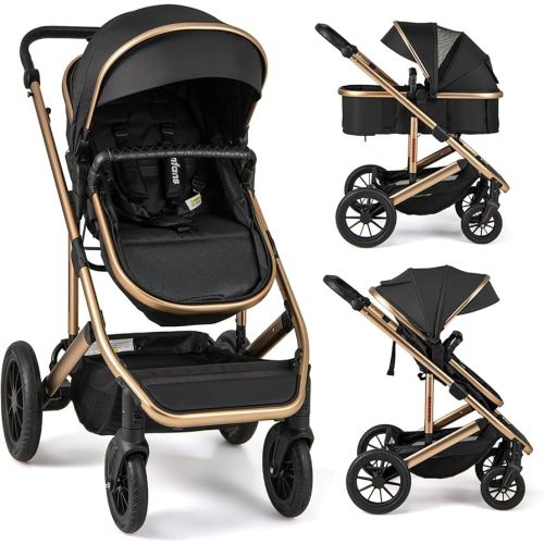 INFANS 2 in 1 Baby Stroller, Folding Newborn Pram Convertible Stroller Bassinet for Infant Foldable High Landscape Shock Absorption with Reversible Seat Aluminum Structure for Pushchair (Black)