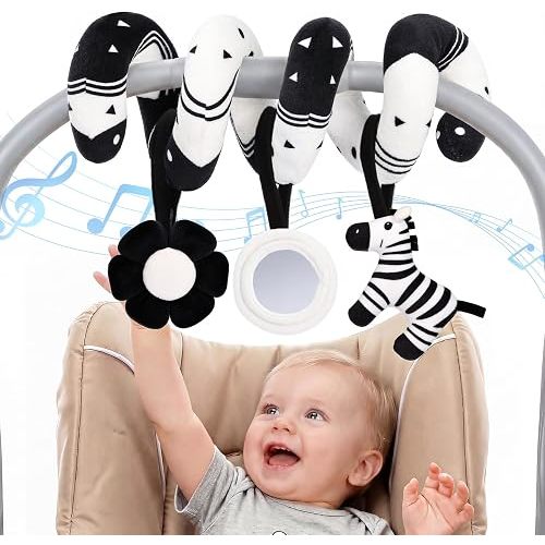 URMYWO Spiral Car Seat Baby Toys 0-6 Months, High Contrast Black and White Sensory Toys for Newborn, Infant Hanging Stroller Toy with Zebra Rattle, Squeaky Flower & Mirror, Shower Gift Essentials