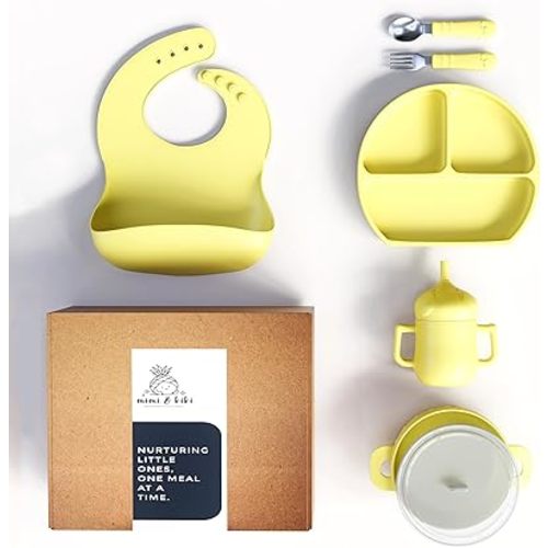 mimi & kiki BPA-Free Silicone Baby Feeding Set, Baby Plates and Bowls Set, Baby Led Weaning Supplies, Silicone Suction Plate, Baby Utensils, Bib and Cup, Self Feeding, Dishwasher Safe (Yellow)