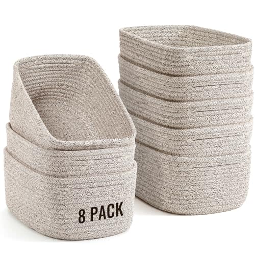 8 Pack Small Storage Baskets for Organizing, Woven Rope Bins for Bathroom, Closet, Shelf Organizer, Cute Cube Decorative Box for Towels, Baby Nursery, Toys, Gift Empty Baskets - 11.5"x7.5"x4.7"-Brown