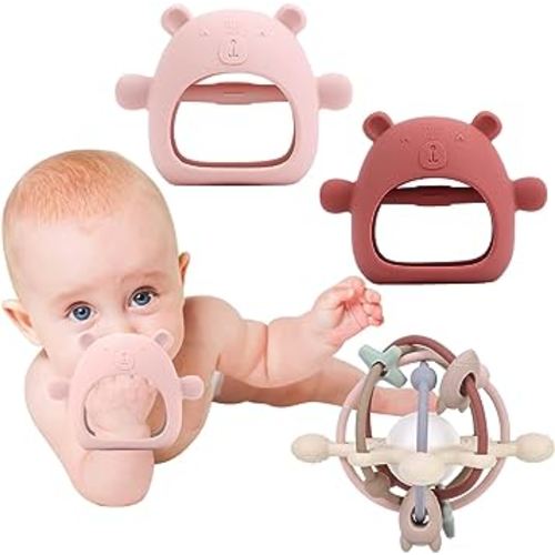 Baby Teething Toys for Babies 0-6,12,18 Months, Qemixly 3 Pack Gift Silicone Baby Teethers for Baby Teething Relief, Anti-Drop Hand Teething Mittens and Rattle Ball (Red,Pink,Multi-red)