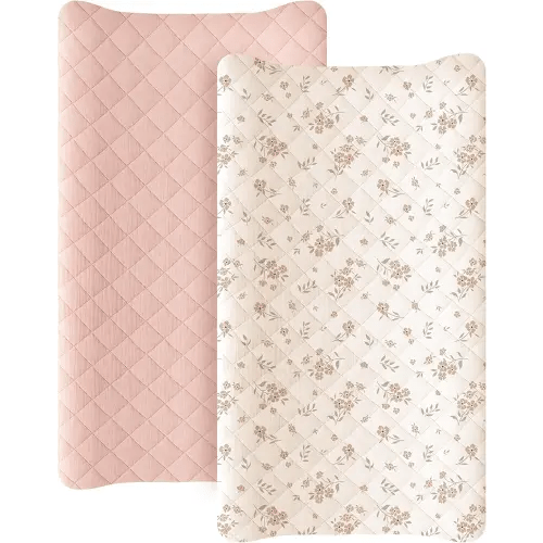 Konssy Waterproof Muslin Changing Pad Cover 2 Pack, Quilted Cotton Fitted Diaper Chang Table Cover, Soft Changing Pad Sheets for Girls Boys (Blossom,Pink)