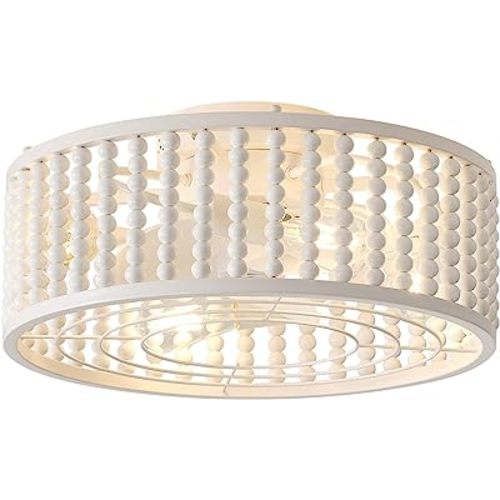 Ceiling Fans with Lights and Remote, Caged Ceiling Fan with Handcrafted Beaded Décor 6 Speeds Reversible 19 inches Bulbs Included for Flush Mount Ceiling, Off-White