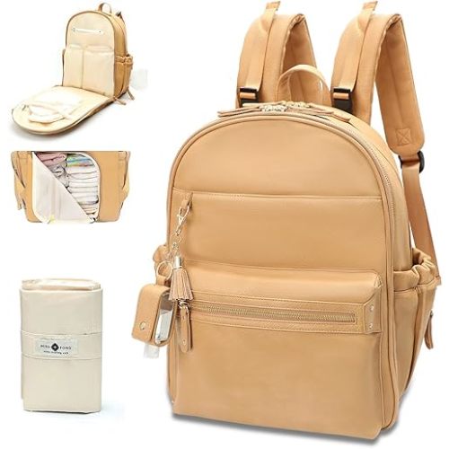 miss fong Diaper Bag Backpack Leather Diaper Bag, Baby Diaper Bag for Baby, 16 Pockets Diaper Bag Organizer with Hand Sanitizer Holder, Changing Pad, 2 Insulated Pockets(Peanut)