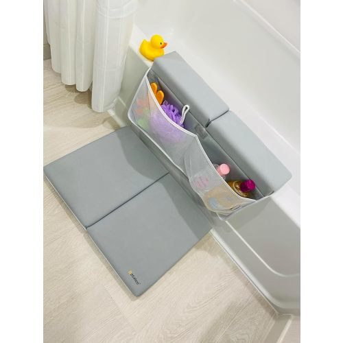 Baby Bath Kneeler and Elbow Rest Pad Set - Non-Slip Painless Thick Kneeling Pad - Foam Kneeling Pad for Bathing Babies - Knee Saver & Elbow Pad with 4 Pockets Toy Organizer - Bath Kneeler Grey 22 Inch