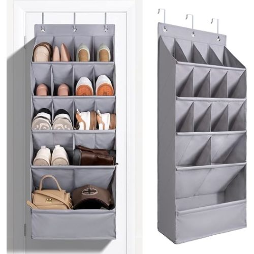 FENTEC 1 Pack Over-the-Door-Shoe-Organizers, Hanging Organizers with Large Pocket Shoe Holder Hanging Shoe Rack for Closet Shoe Organizer for Wall, Over Door Organizer with 15 Pockets Gray