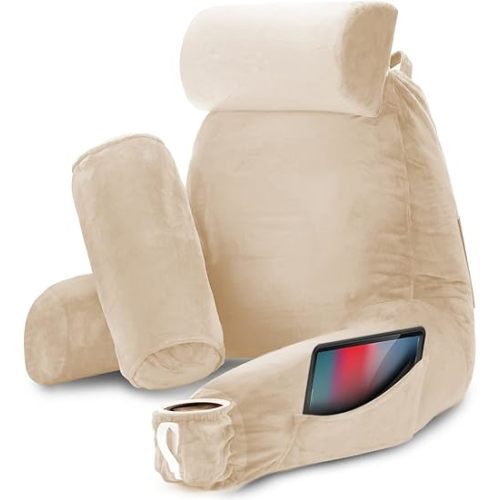Nestl Reading Pillow with Shredded Memory Foam Includes 2 Neck and Lumber Support Pillows, Designed for Sitting Up in Bed and Couch, Back and Arms Adjustable Support for Adult & Teens, Beige Cream