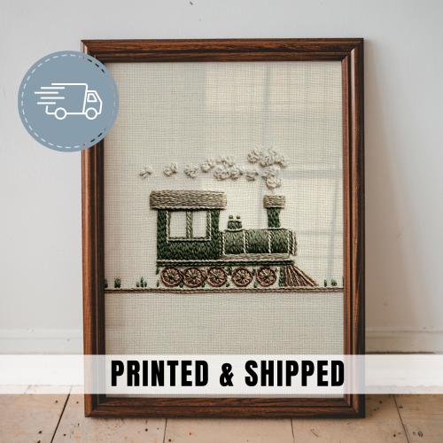 Vintage Train Nursery Print Boy Room Wall Art Embroidered Engine Illustration Rustic Baby Boy Decor Print Vintage Transportation Art | 62