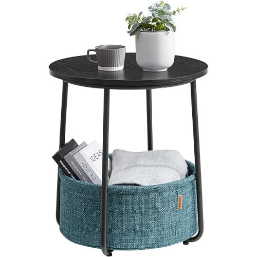 VASAGLE Small Round Side End Table, Modern Nightstand with Fabric Basket, Ebony Black and Turquoise Blue ULET223B56