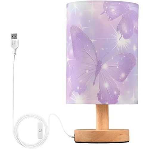 ALAZA Purple Butterflies Shiny Bedside Table Lamp with USB Port, Decor Bedside Lamp Desk LED Bulb Included, Small Nightstand Lamp for Bedroom Living Room