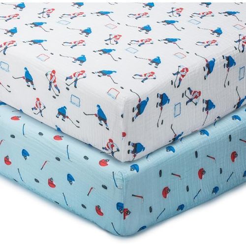 LollyBanks Muslin Crib Sheets 2 Pack, 100% Cotton Soft and Breathable Crib Fitted Sheet for Standard 52"x28" Mattress, Cozy and Snug Baby Bed Sheets, Baby Boy Essentials (Ice Hockey and Hat Print)