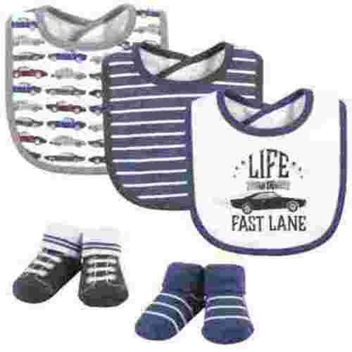 Hudson Baby Infant Boy Cotton Bib and Sock Set 5pk, Vintage Cars, One Size