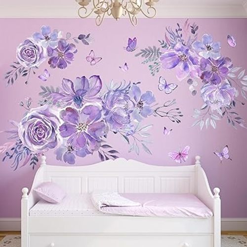 Amaonm 8 sheets of 12x24 inch Large 3D Colorful Flower Wall Decal Purple Red Flowers Plants Vine Wall Stickers Murals DIY Peel and Stick Rose Peony Floral Home Wall art Decor Wallpaper for Kids Girls