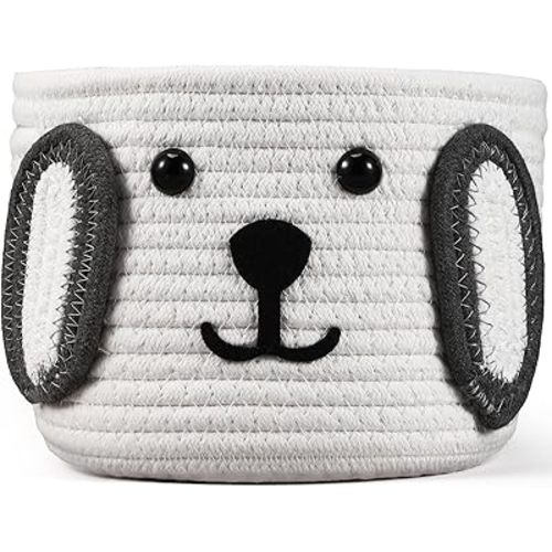 Zopeal Dog Woven Basket, 7.9" D x 6" H Toy Storage Organizer, Dog Mom Gift Empty, Cute Laundry Puppy Gift Animal Basket for Clothes, Towels, Toy, Laundry, Bathroom, Home(White, Gray)