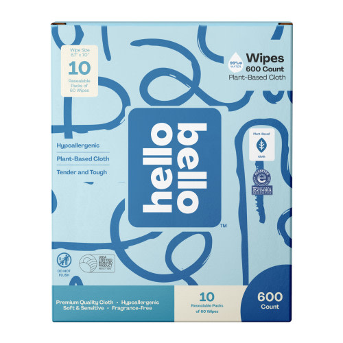 Hello Bello Natural Baby Wipes, 600 Unscented Plant-Based Wipes, 10 Pouch Pack for Sensitive Skin