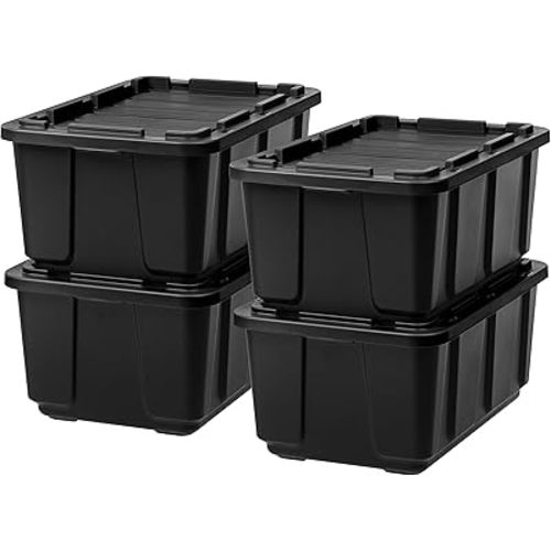 IRIS USA 27 Gallon Heavy Duty Truck Bed Toolbox Storage Tote Bins with Lids, 4 Pack - Made in USA, Tough Snap On Lid Stackable Industrial Rugged Tubs, Garage Organization, Reusable Box - Black
