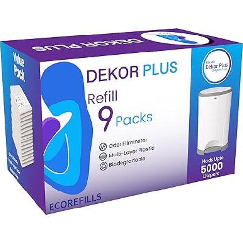 ECO-REFILLS Diaper Pail Refills - Fits Dekor PLUS Extra Thick, Powerful Odor Elimination & Fresh Powder Scent | Easy to Replace and Dispose of Diaper Bag (9 Count (Pack of 1))
