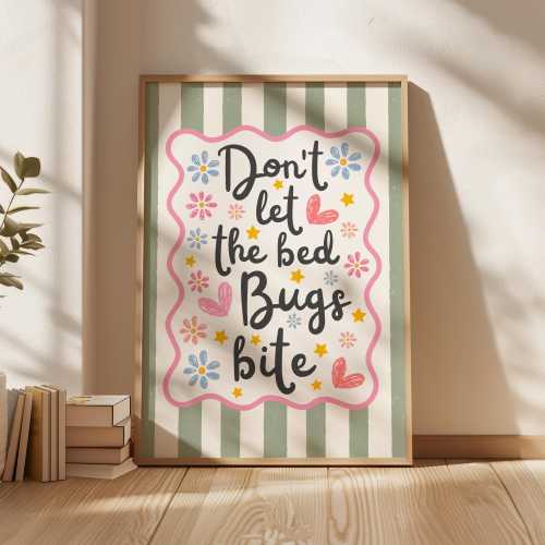 Retro Wall Art Striped Bedroom Print Mid Century Modern Vintage Girl Nursery Art Don't Let The Bed Bugs Bite Pink Sage Green Playroom Art