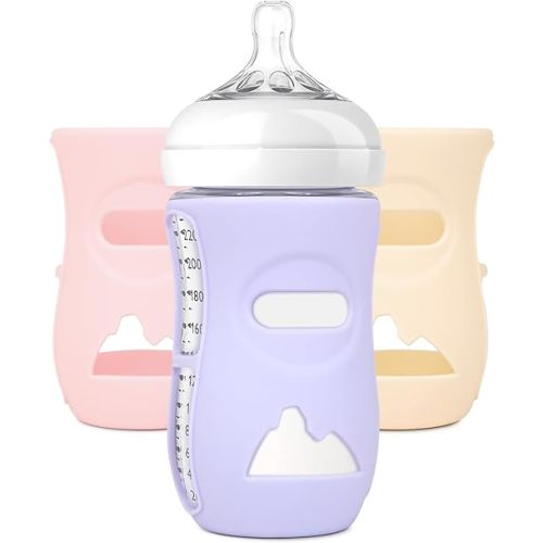 3 Pack Silicone Sleeves for Avent Natural Glass Baby Bottles, Protection and Insulation, Baby Bottle Sleeve Compatible with Avent Glass Bottles 8 oz, Dishwasher Safe (Pink+Purple+ Beige)