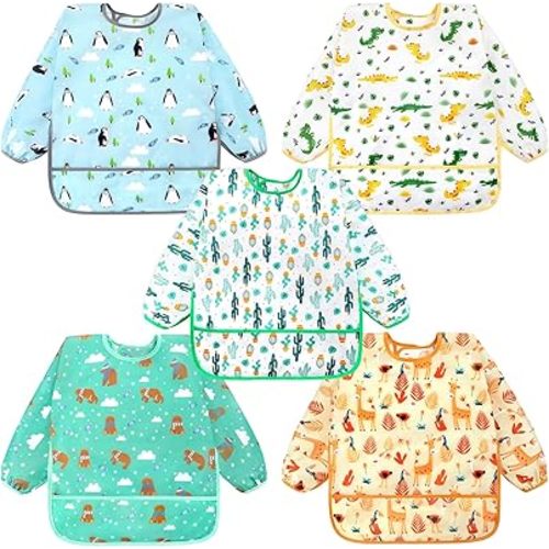 Accmor 5 Pack Long Sleeve Bibs, Baby Smock Waterproof Sleeved Bib Smock for Baby Toddler 6-36 Months
