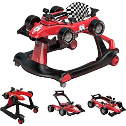 4-in-1 Baby Walker, Foldable Activity Walker with Adjustable Height & Speed, Music, Lights, Steering Wheel, Activity Baby Push Walker for Boys Girls Aged 6–18 Months (Red)