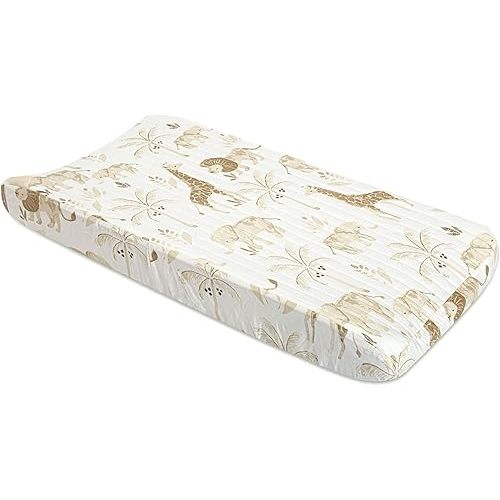 Crane Baby Jungle Theme Changing Pad Cover, 100% Cotton, Quilted Design, Machine Washable, Elastic Fit, Safari Animal Nursery Decor
