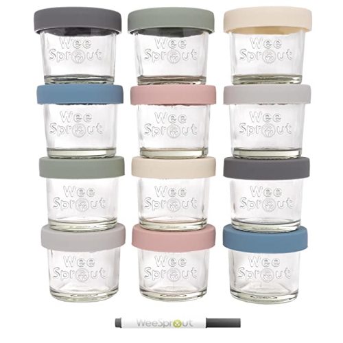 WeeSprout Glass Baby Food Containers - Set of 12, 4 oz Storage Containers, Leakproof and Airtight Silicone Lids, Freezer Safe Baby Food Jars, Measurement Markings, Microwave and Dishwasher Safe