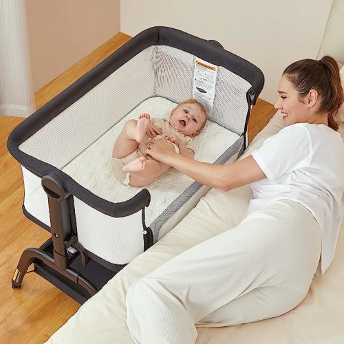 BabyBond Baby Bassinet for Baby, 3 in 1 Bassinet Bedside Sleeper with Soft Mattress and Sheet, 6 Height Adjustable Cosleeper Bedside Crib, 4-Sided Mesh - Black