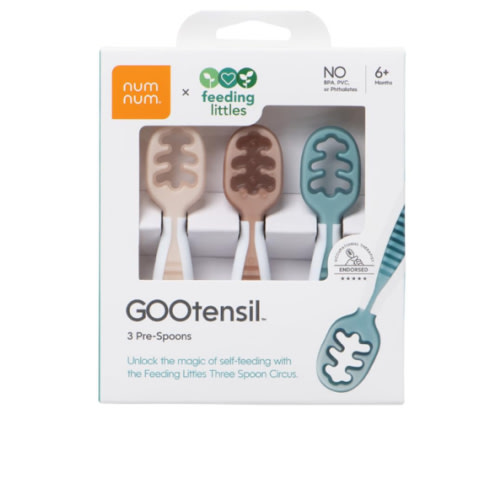 NumNum Baby Spoons Set, Feeding Littles x Silicone Pre-Spoon GOOtensils for Baby Led Weaning, Self-Feeding & Teething, First Stage Toddler Utensils for Ages 6+ Months, 3-Pack, BPA-Free (Neutrals)