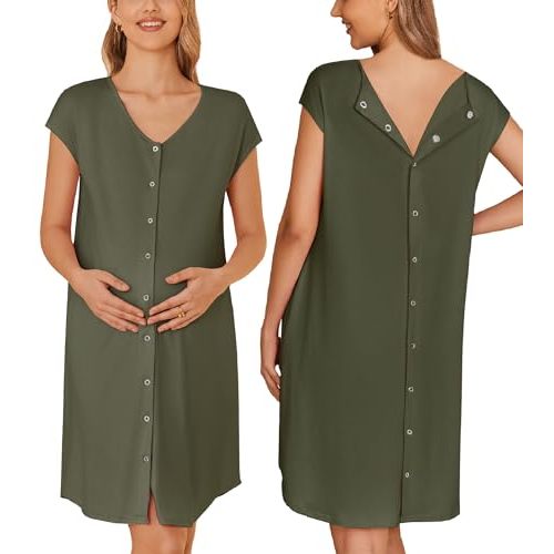 Ekouaer Labor/Delivery/Hospital Gown Nursing Nightgown Maternity Sleepwear With Pockets Postpartum Gowns with Button S-XXL
