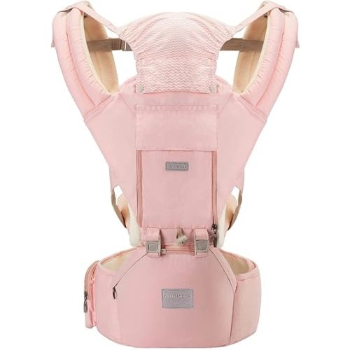 Baby Carrier, YIYUNBEBE Baby Carrier with Hip Seat for Newborn Infant Toddler 7-45lbs, Adjustable Detachable Baby Holder Carrier with Lumbar Support for Dad Mom, Pink