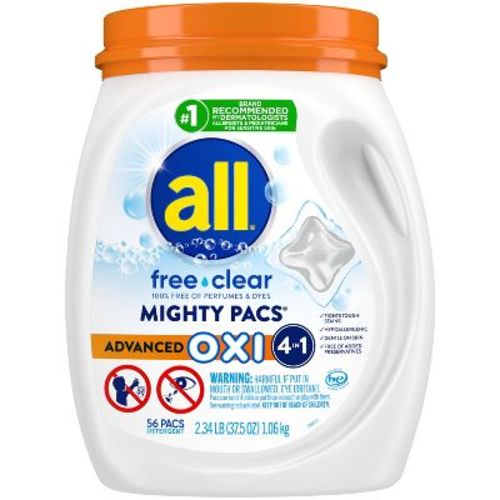 All Mighty Pacs Free Clear Laundry Detergent Pacs with OXI Stain Removers - 56ct/37.5oz