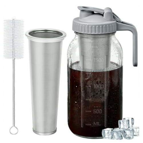 Cold Brew Coffee Maker Jar - 64oz Thick Glass Multipurpose Mason Pitcher Spout Lid with Handle & Stainless Steel Filter for Iced Brew Coffee, Lemonade, Ice Tea, Homemade Fruit Drinks Container