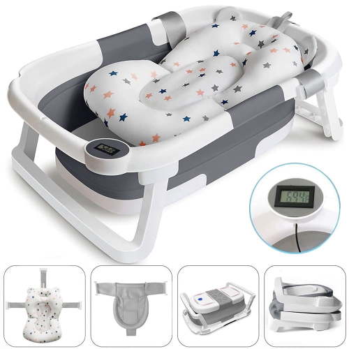 TOPCHANCES Collapsible Baby Bathtub, Newborn-Toddler, Includes Cushion & Net, Grey