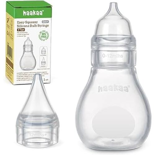 Haakaa Silicone Baby Nasal Aspirator | Nose Bulb Syringe | Easy-Squeezy Baby Nose Cleaner, 0m+ Newborn Infant &Toddler - BPA Free Silicone-2 Tips