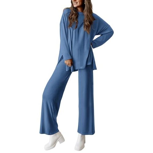 PRETTYGARDEN Women's Two Piece Lounge Sets Matching Long Sleeve Shirts Wide Leg Pants Tracksuits Travel Outfits Fall Clothes